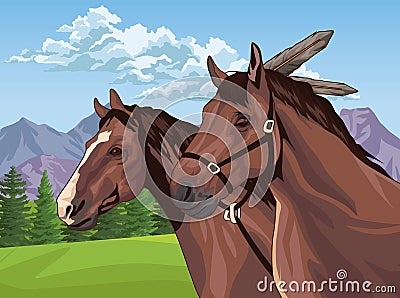 two horses wild Vector Illustration
