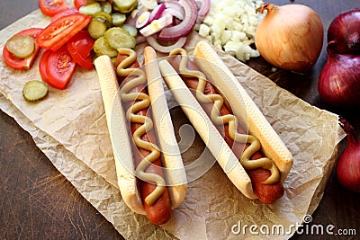 Two hot dogs with mustard Stock Photo