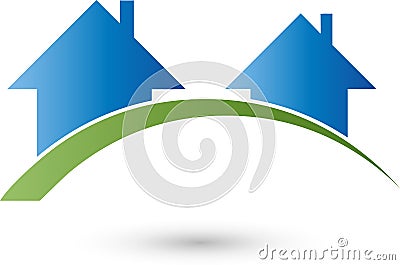 Two houses and meadow, real estate and real estate agent logo, Icon Stock Photo