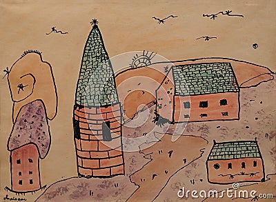 Two houses and two towers, 1942, painting by Gaston Chaissac Editorial Stock Photo