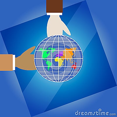 Two human different color hands hold planet Earth Cartoon Illustration