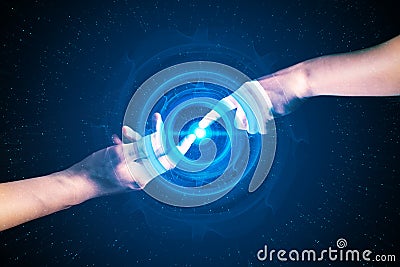 two human hands with blue laser neon glow eye in digital technology ai robotic and network cyber connect Stock Photo