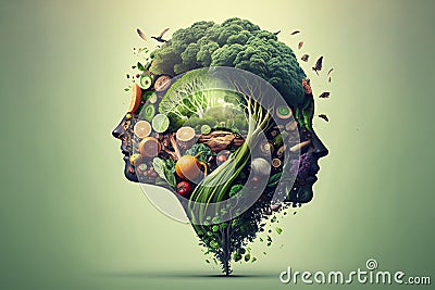 Two Human Heads Connected and Filled with Vegetables Stock Photo