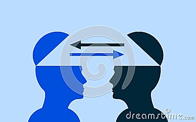 Two Human Heads Exchanging Values, Thoughts and Experiences. Heads with exchange symbol. Co,ceotuel idea Stock Photo