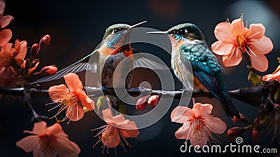 Two hummingbird birds next to beautiful bloom flowers Stock Photo