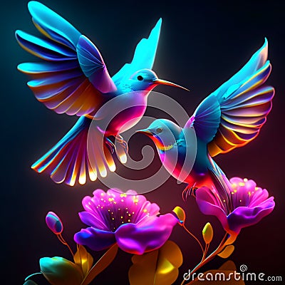 Two hummingbirds flying in the night. 3d rendering, 3d illustration. AI generated Cartoon Illustration