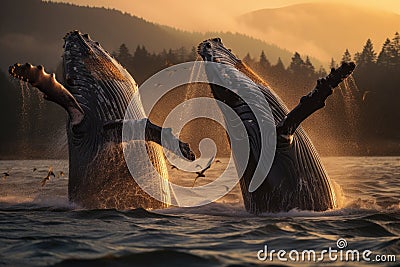 Two humpback whales gracefully leaping out of the water against a beautiful sunset backdrop, Humpback whales communicating through Stock Photo