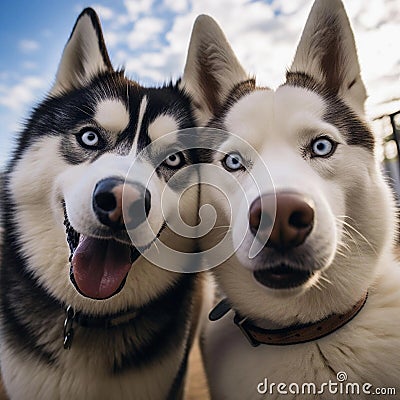 Two husky dogs take a selfie, photo of two huskies Stock Photo