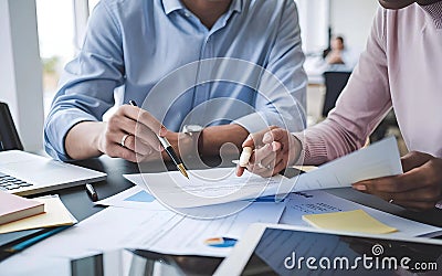 Two individuals in a professional setting review documents and discuss a contract. They are using pens and pointing at specific Stock Photo