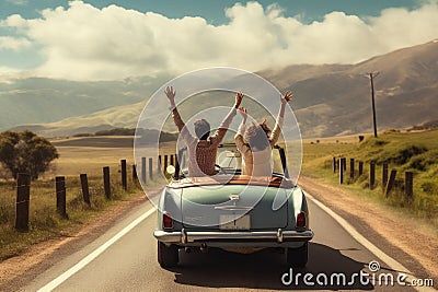 Two individuals are seated in the rear of a vehicle as it travels along a road, Happy couple driving on country road with raised Stock Photo