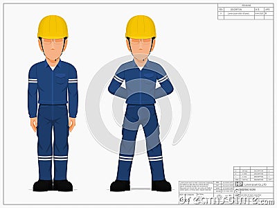 Two industrial workers in the position of sanding attention and parade rest Vector Illustration