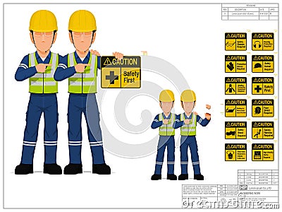 Two industrial workers are presenting warning sign on white background Vector Illustration