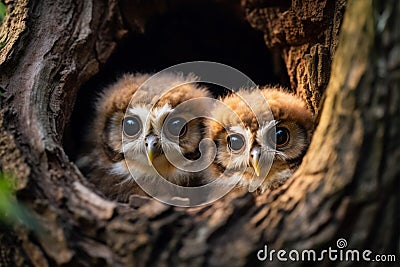 Two inquisitive owlets emerge from tree nest, providing room Stock Photo