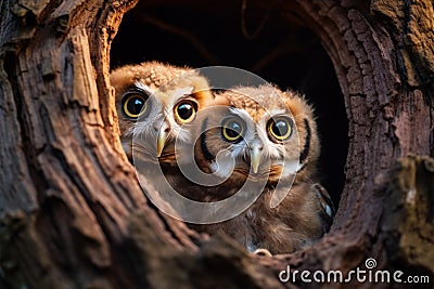 Two inquisitive owlets emerge from tree nest, providing room Stock Photo