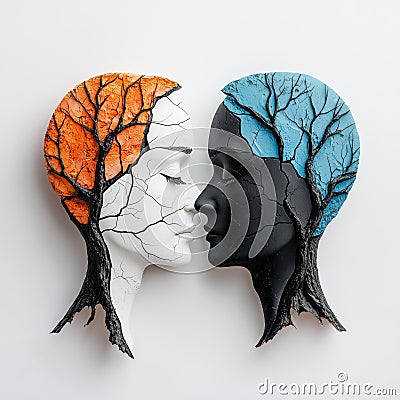 Two interconnected heads with tree branches symbolize unity, diversity, and interconnectedness, expressing harmony Stock Photo