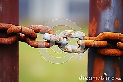 two interlinked chains stiffened in rust on a fence Stock Photo