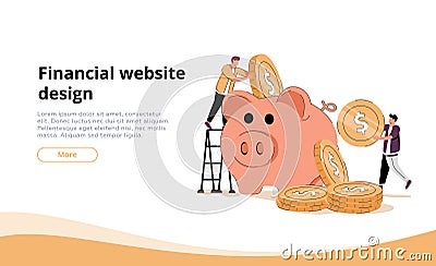 Two investors putting coins in piggybank. Bank, money, income flat vector illustration. Finance and investment concept Cartoon Illustration