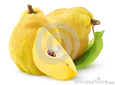 Two isolated cut quince fruits Stock Photo