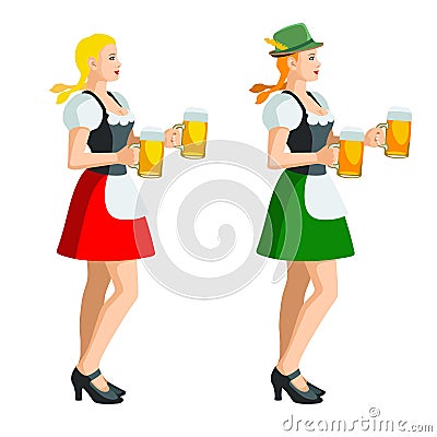 Two isolated figures of Oktoberfest girls in Bavarian folk costumes with beer mugs Vector Illustration