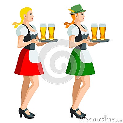 Two isolated figures of Oktoberfest girls in Bavarian folk costumes holding a tray of beer glasses Vector Illustration