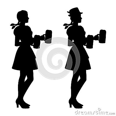 Two isolated silhouettes of Oktoberfest girls in Bavarian folk costumes with beer mugs Vector Illustration