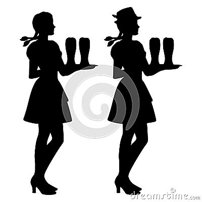 Two isolated silhouettes of Oktoberfest girls in Bavarian folk costumes holding a tray of beer glasses Vector Illustration