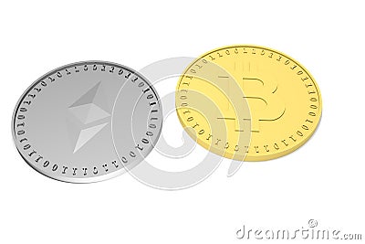 Two isolated silver coins with the symbol of the Ethereum, Etherium and gold with the Bitcoin symbol on a white background, 3D ren Editorial Stock Photo