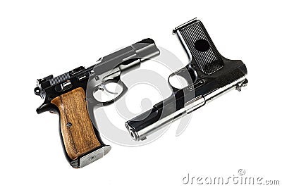Two isolated black pistols on a white background Stock Photo