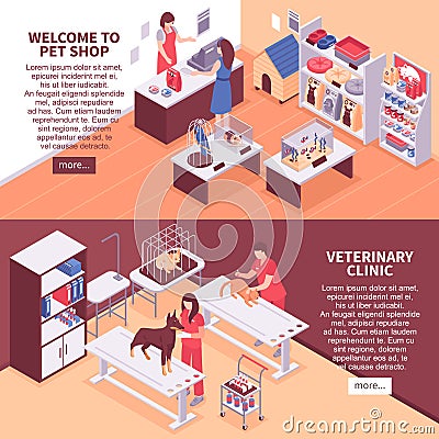 Two Isometric Pet Shop Banner Set Vector Illustration