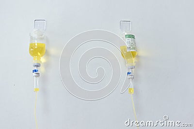 Two IV bag filled with Glutathione used in a Gluta IV drip at an aesthetic clinic Stock Photo