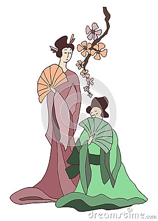 Two japanese girls with geisha hairstyle, dressed in traditiolal kimono, holding fans in her hands Vector Illustration