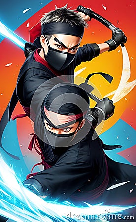 Two Japanese Ninjas with swords Stock Photo