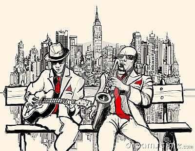 Two jazz men playing in New York Vector Illustration