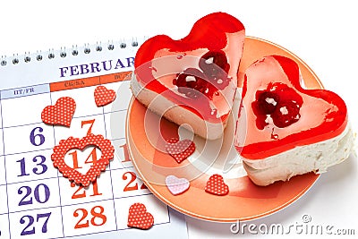 Two jelly heart-shaped cakes and Valentines calendar Stock Photo