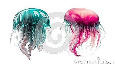 Two jellyfishes. Sea animals, isolated on white background. Ocean inhabitants. Marine life. Undersea creatures Stock Photo