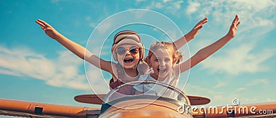 Two Joyful Children Take Off In An Airplane With Broad Smiles Stock Photo