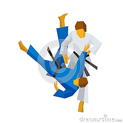 Two judo fighters in traditional blue and white colors Vector Illustration