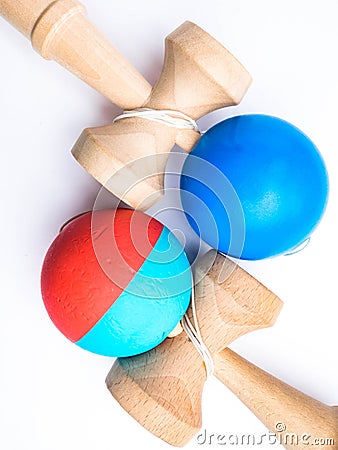Two Kendama japanese toys, competition sport concept, used and new toy isolated on white Stock Photo
