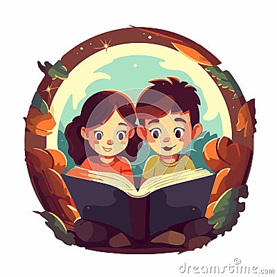 two kid reading fantasy book with light come out enclose circle t shirt print Vector Illustration