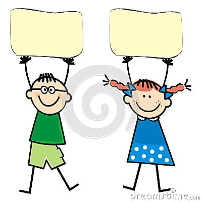 Two kids with banners, boy and girl, funny vector illustration Vector Illustration