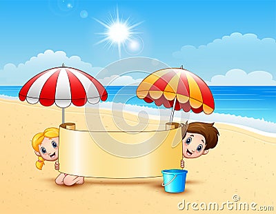 Two kids in the beach holding empty signboard Vector Illustration