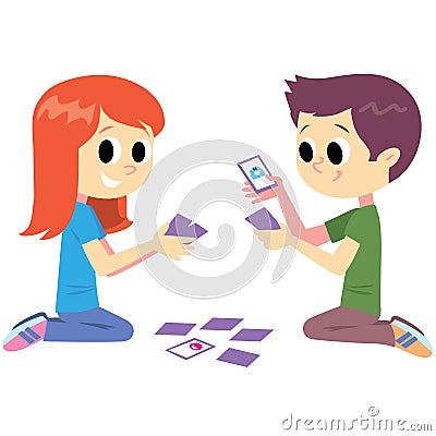 Boy and girl playing cards Vector Illustration