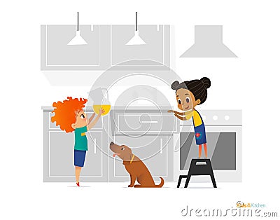 Two kids cooking morning breakfast in kitchen. Girl in apron standing on stool, boy putting pitcher with juice on table and dog. O Vector Illustration