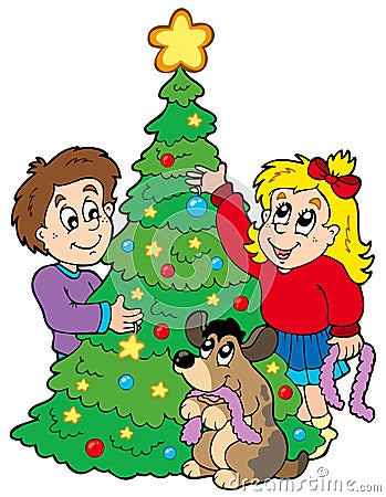 Two kids decorating Christmas tree Vector Illustration