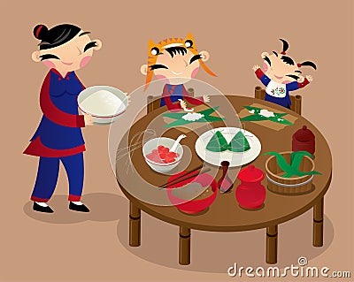 Two kids help their mother making rice dumplings. Vector Illustration