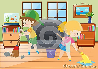 Two kids mopping and sweeping floor Vector Illustration