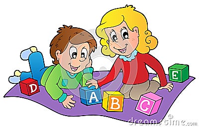 Two kids playing with bricks Vector Illustration