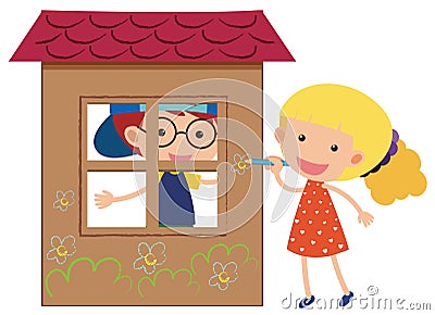 Two kids playing in the playhouse Vector Illustration