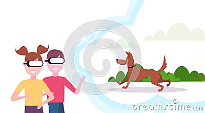 Two kids sister and brother wearing digital glasses virtual reality dog running and playing outdoor vr vision headset Vector Illustration