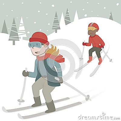 Two kids skiing in the snow Vector Illustration